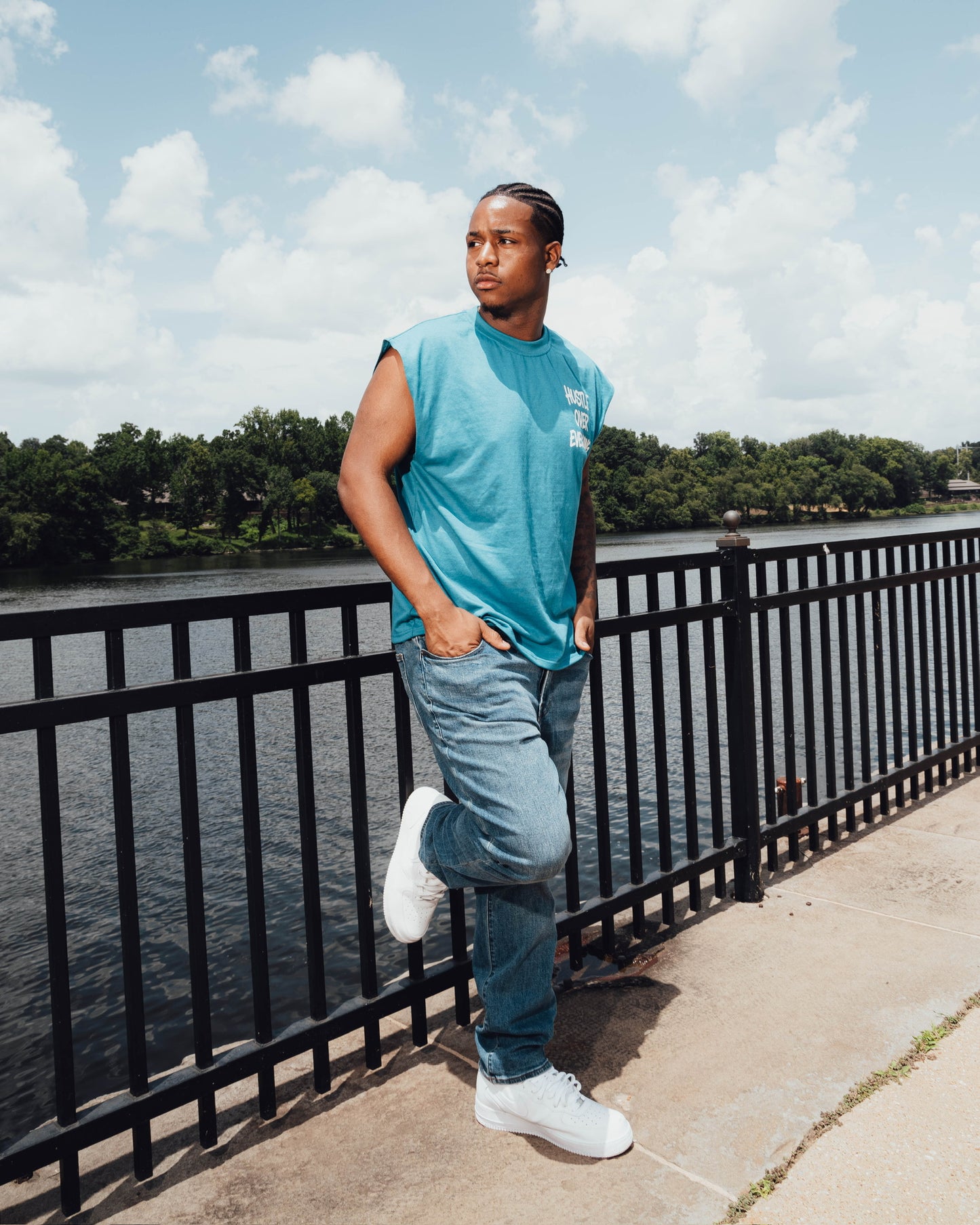 Hustle Over Everything Sleeveless Tee – Blue/White