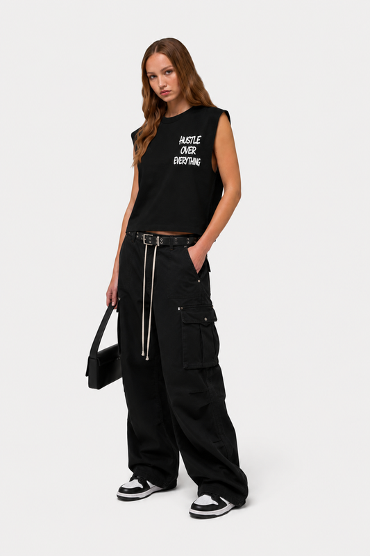 Hustle Over Everything Sleeveless Tee – Black/White