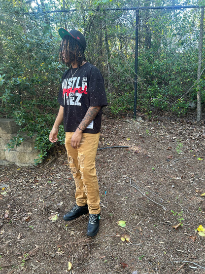 “ HUSTLE VIBEZ “ Oversized Rhinestone Tees! ( Black red and white)