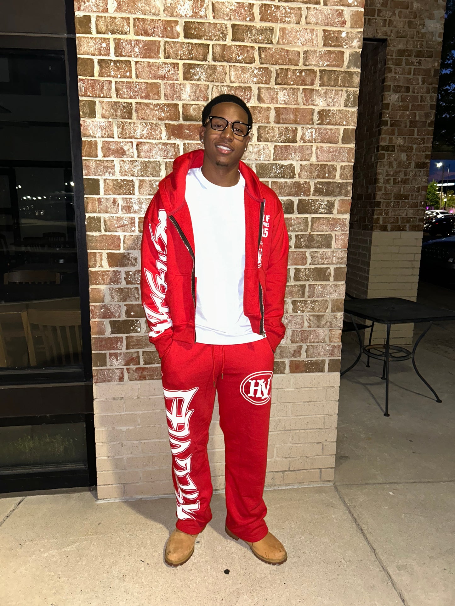 ( “ HUSTLE VIBEZ “ Red and white Winter Set! ( Crop jacket + Stacked joggers)