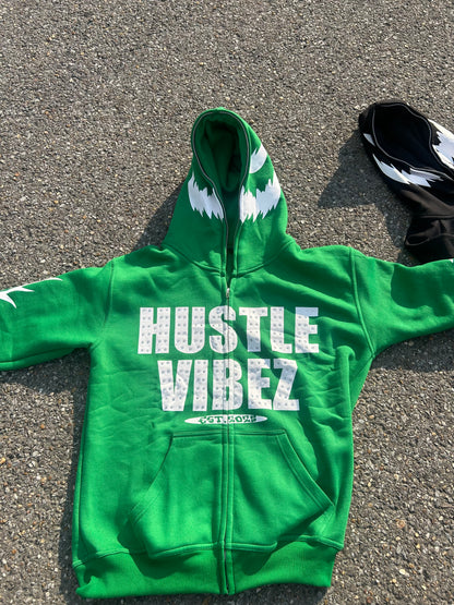 ( “ HUSTLE VIBEZ “ Rhinestone Zipup Jackets ( Green and white  )