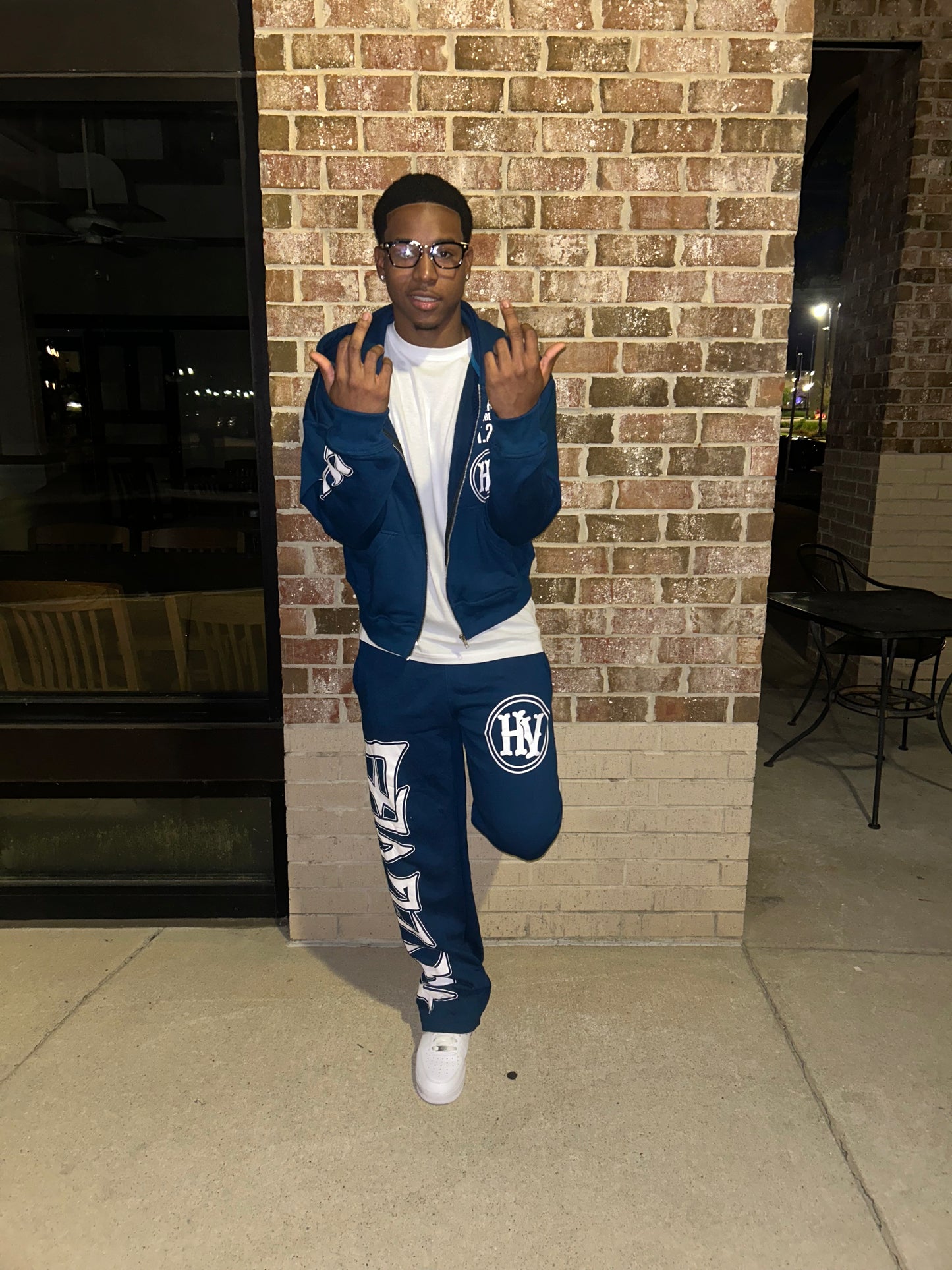 “ HUSTLE VIBEZ “ Navy blue and white Winter Set! ( Crop jacket + Stacked joggers)