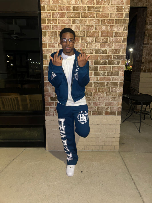 “ HUSTLE VIBEZ “ Navy blue and white Winter Set! ( Crop jacket + Stacked joggers)