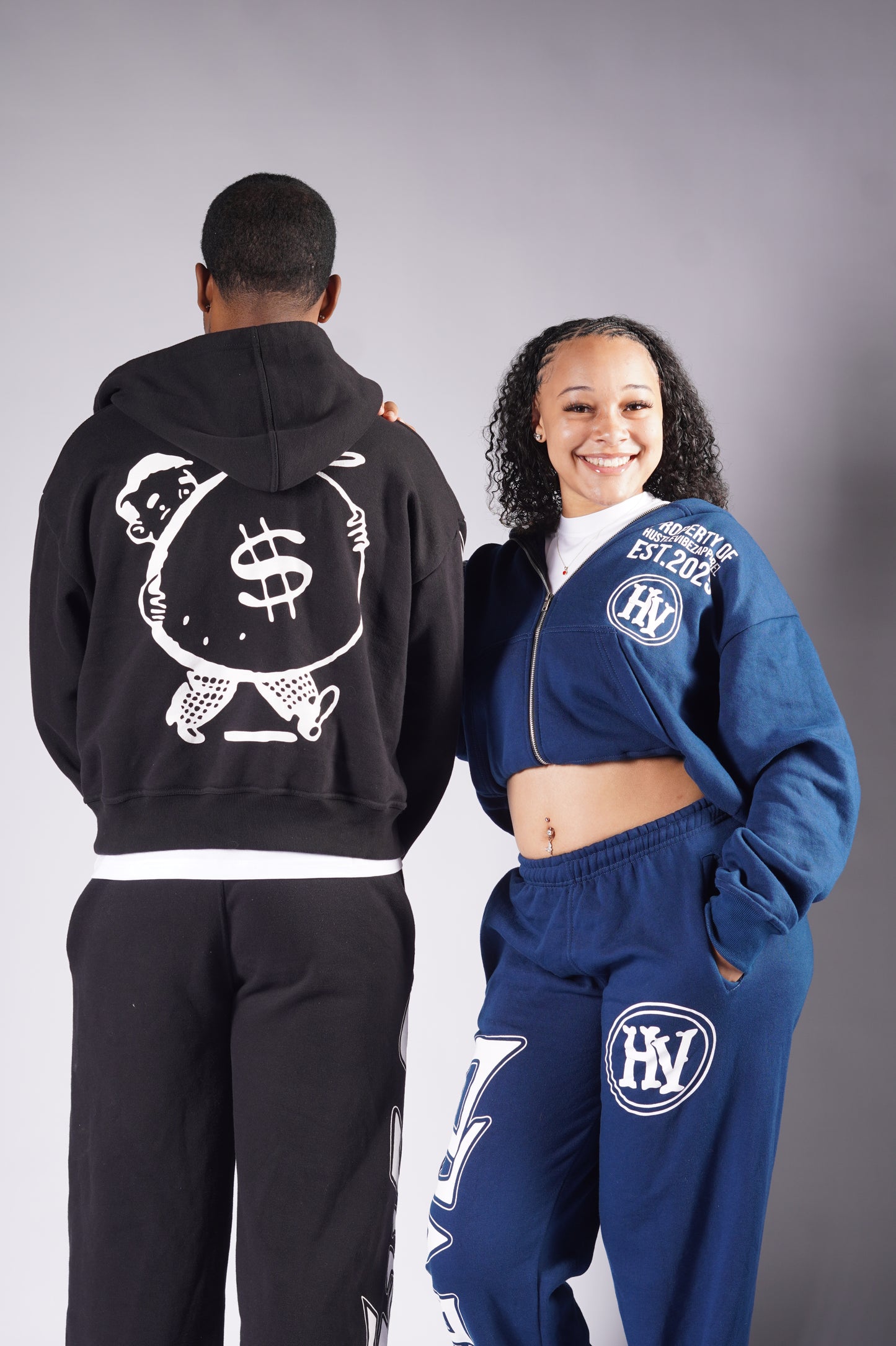 “ HUSTLE VIBEZ “ Navy blue and white Winter Set! ( Crop jacket + Stacked joggers)
