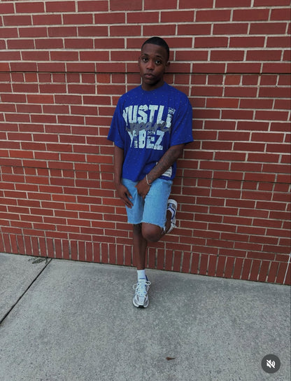“ HUSTLE VIBEZ “ Oversized Rhinestone Tees! ( Blue gray and white )