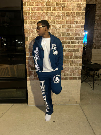 “ HUSTLE VIBEZ “ Navy blue and white Winter Set! ( Crop jacket + Stacked joggers)