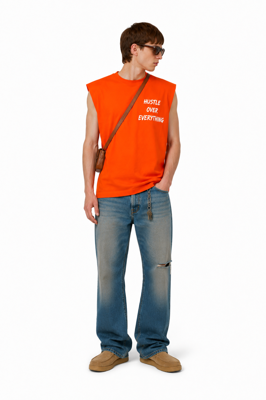 Hustle Over Everything Sleeveless Tee – Orange/White