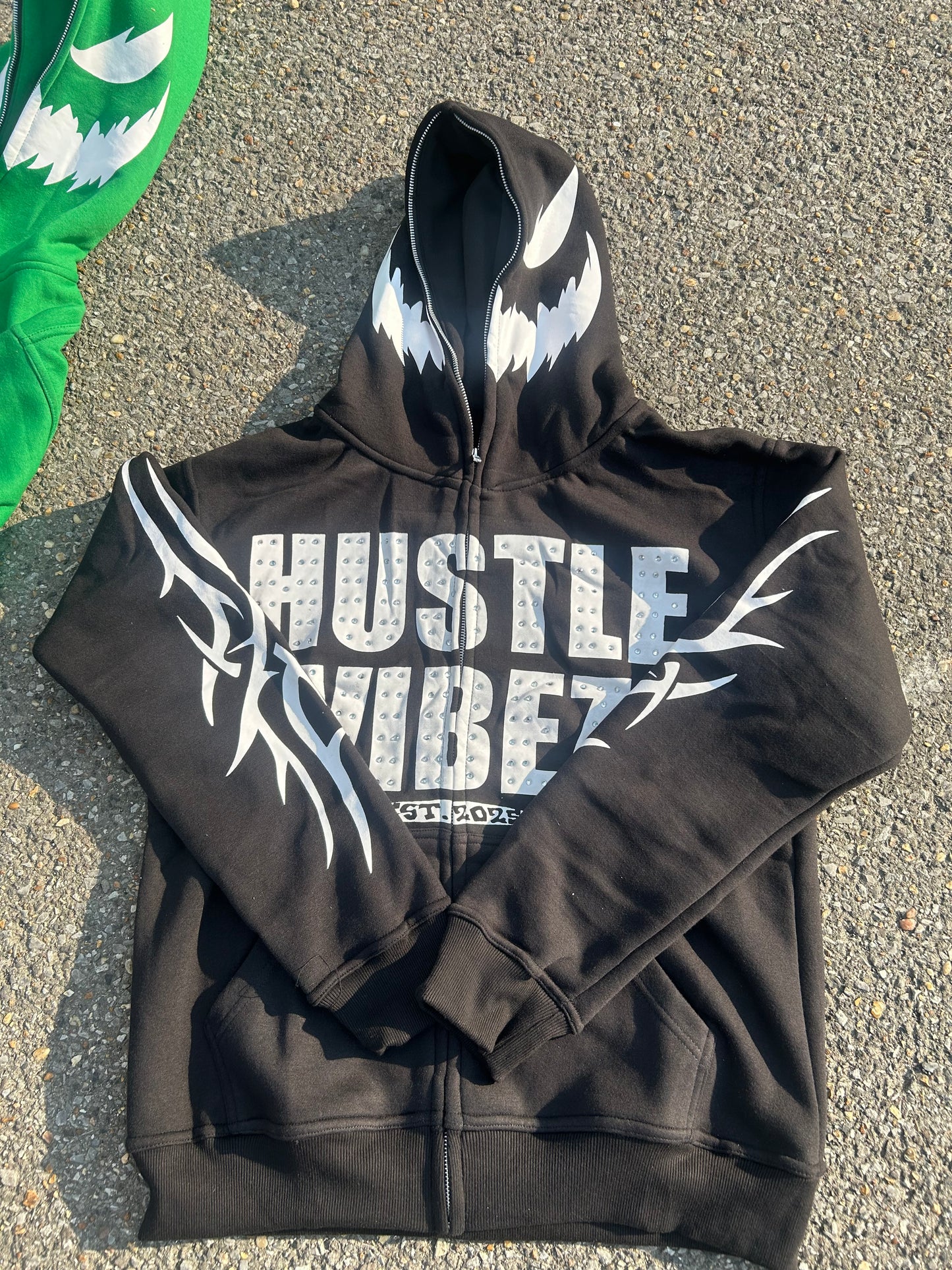 “ HUSTLE VIBEZ “ Rhinestone Zipup Jackets ( Black and white )