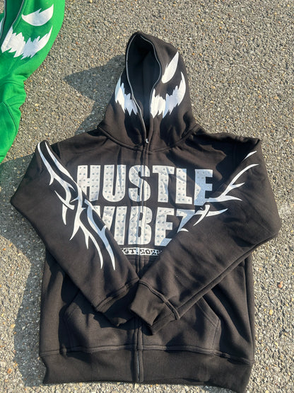 “ HUSTLE VIBEZ “ Rhinestone Zipup Jackets ( Black and white )