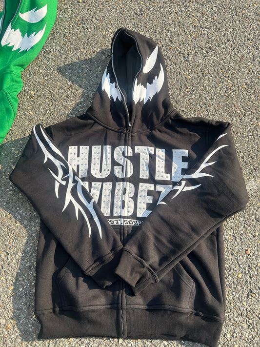 “ HUSTLE VIBEZ “ Rhinestone Zipup Jackets ( Black and white )