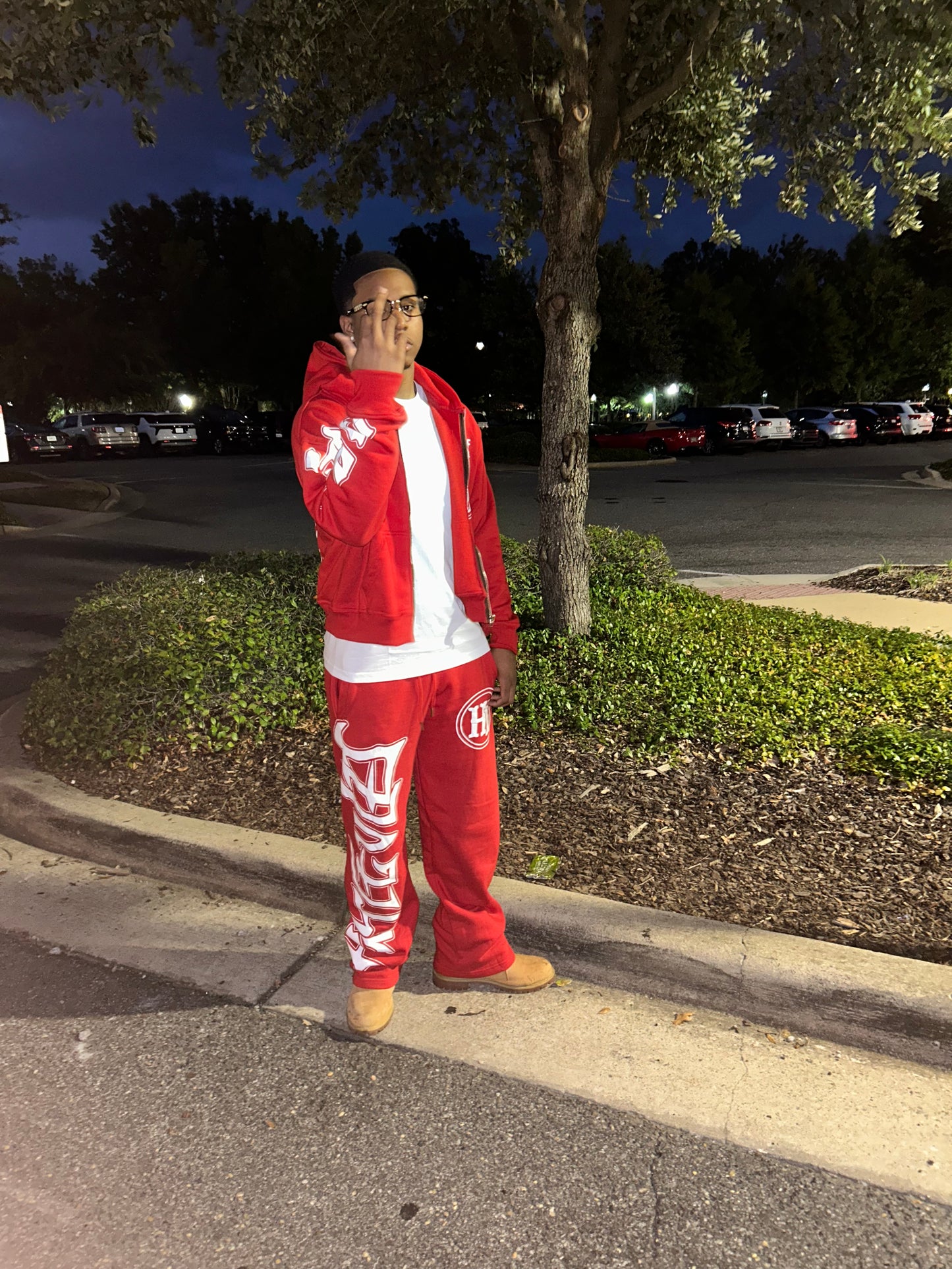 ( “ HUSTLE VIBEZ “ Red and white Winter Set! ( Crop jacket + Stacked joggers)