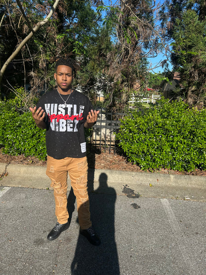 “ HUSTLE VIBEZ “ Oversized Rhinestone Tees! ( Black red and white)