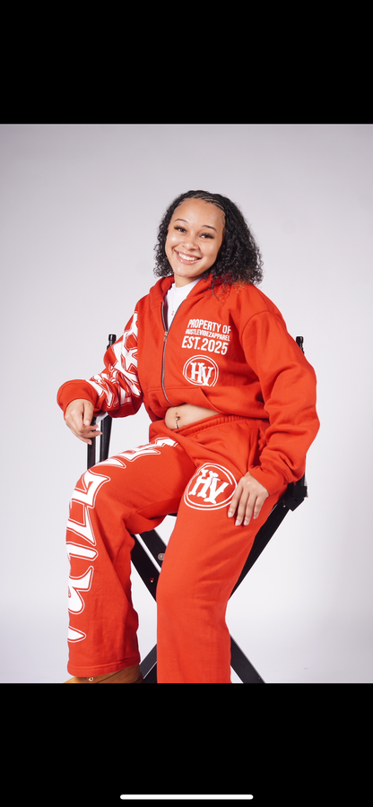 ( “ HUSTLE VIBEZ “ Red and white Winter Set! ( Crop jacket + Stacked joggers)