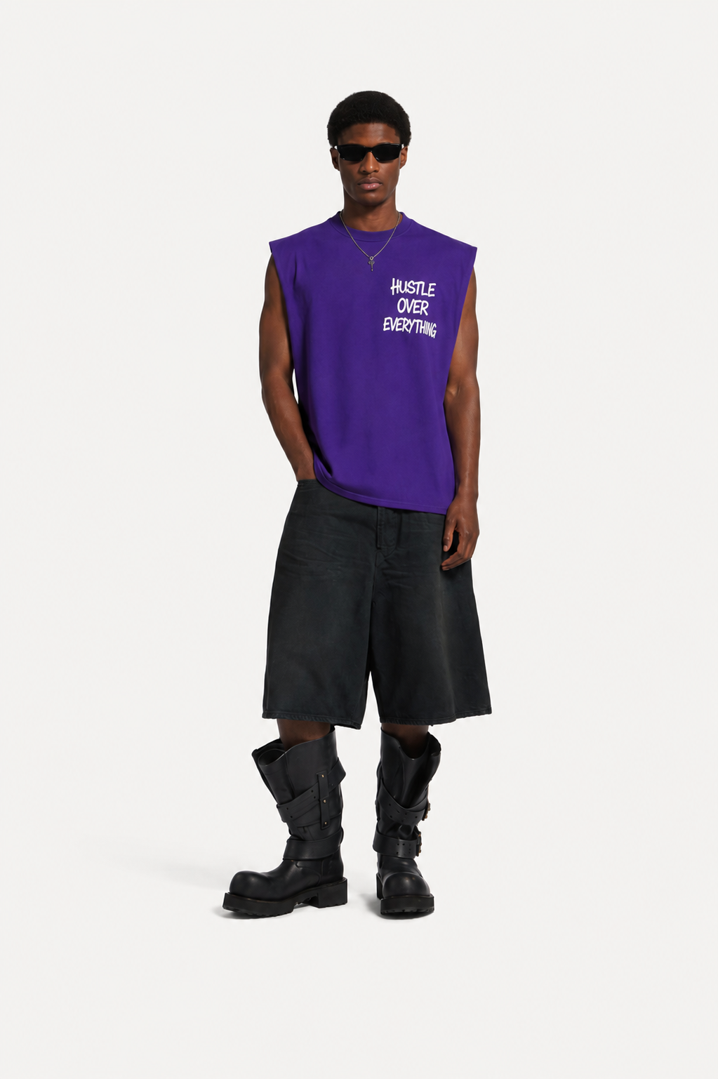Hustle Over Everything Sleeveless Tee – Purple/White