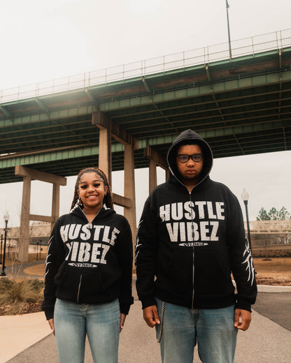 “ HUSTLE VIBEZ “ Rhinestone Zipup Jackets ( Black and white )
