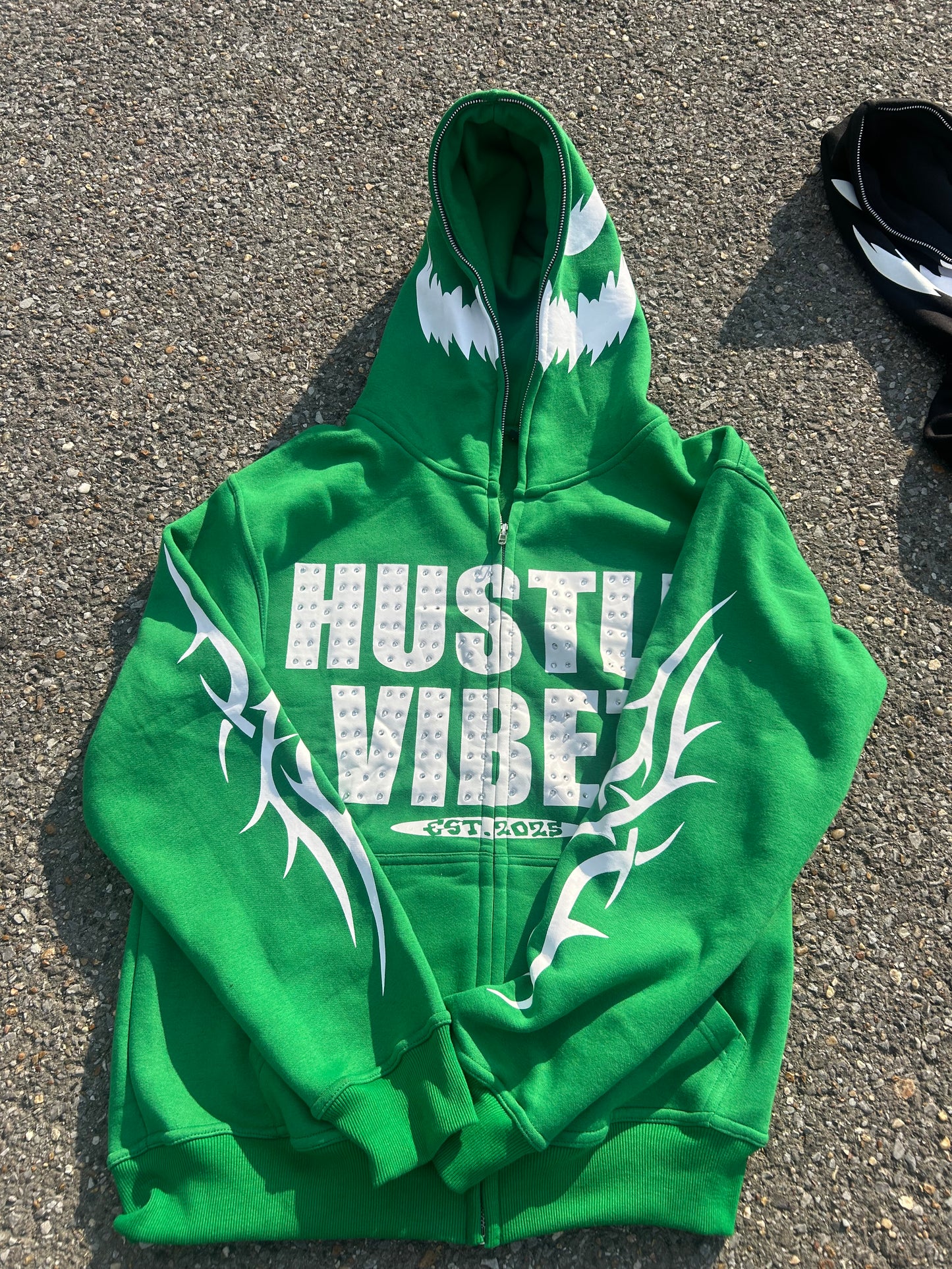 ( “ HUSTLE VIBEZ “ Rhinestone Zipup Jackets ( Green and white  )