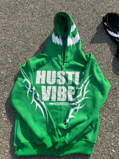 ( “ HUSTLE VIBEZ “ Rhinestone Zipup Jackets ( Green and white  )